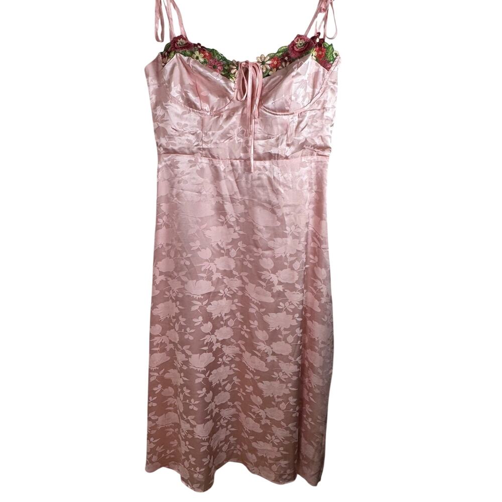 Lulus Pink Satin Floral Midi Dress Embroidered Large NWT Wedding Y2K Fairy - Picture 8 of 15
